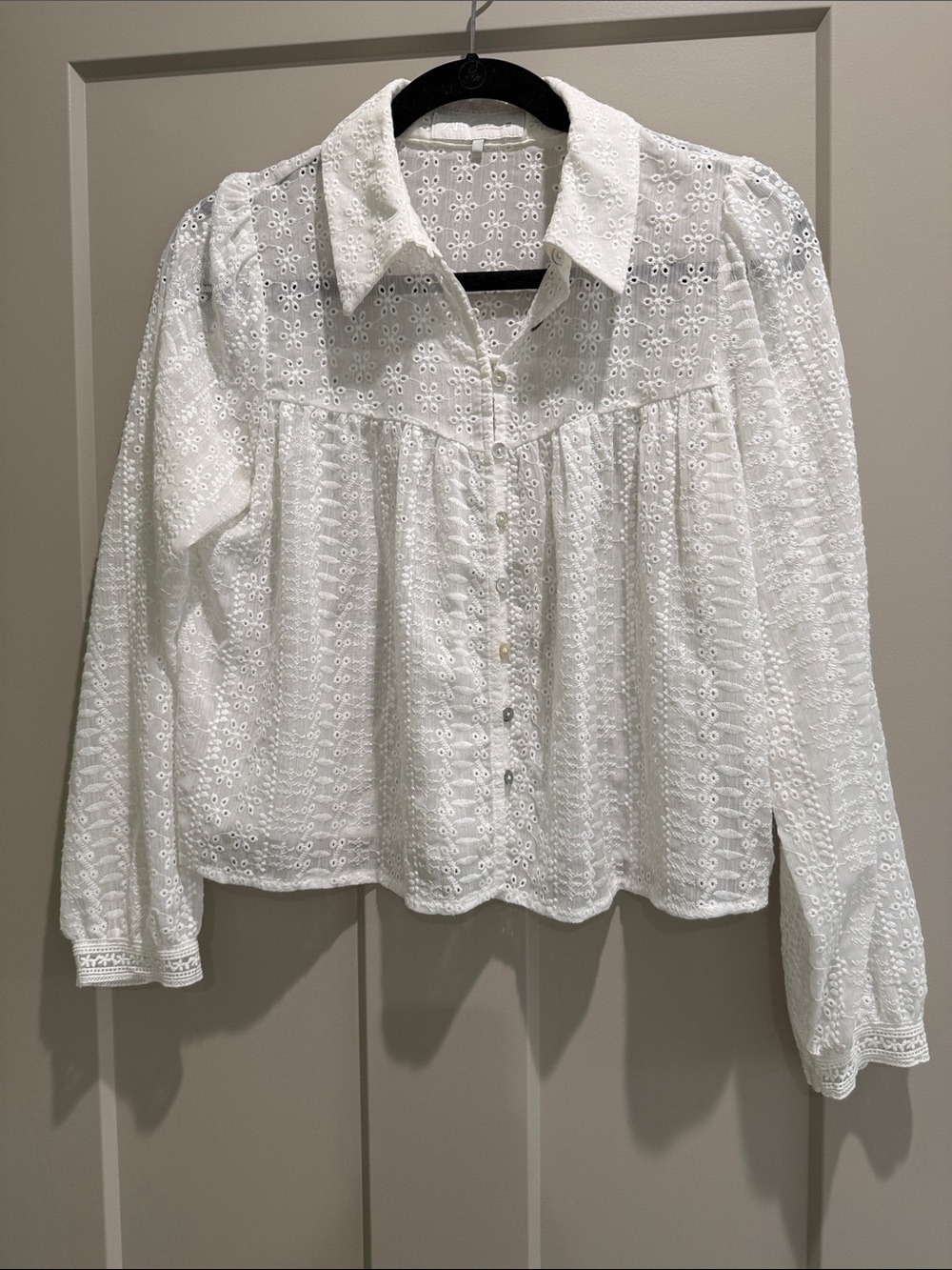 Zara White Eyelet Button-Down Blouse